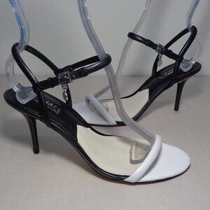 Michael Kors Size 6.5 M CARLENE Black / White Leather Sandals New Women's Shoes